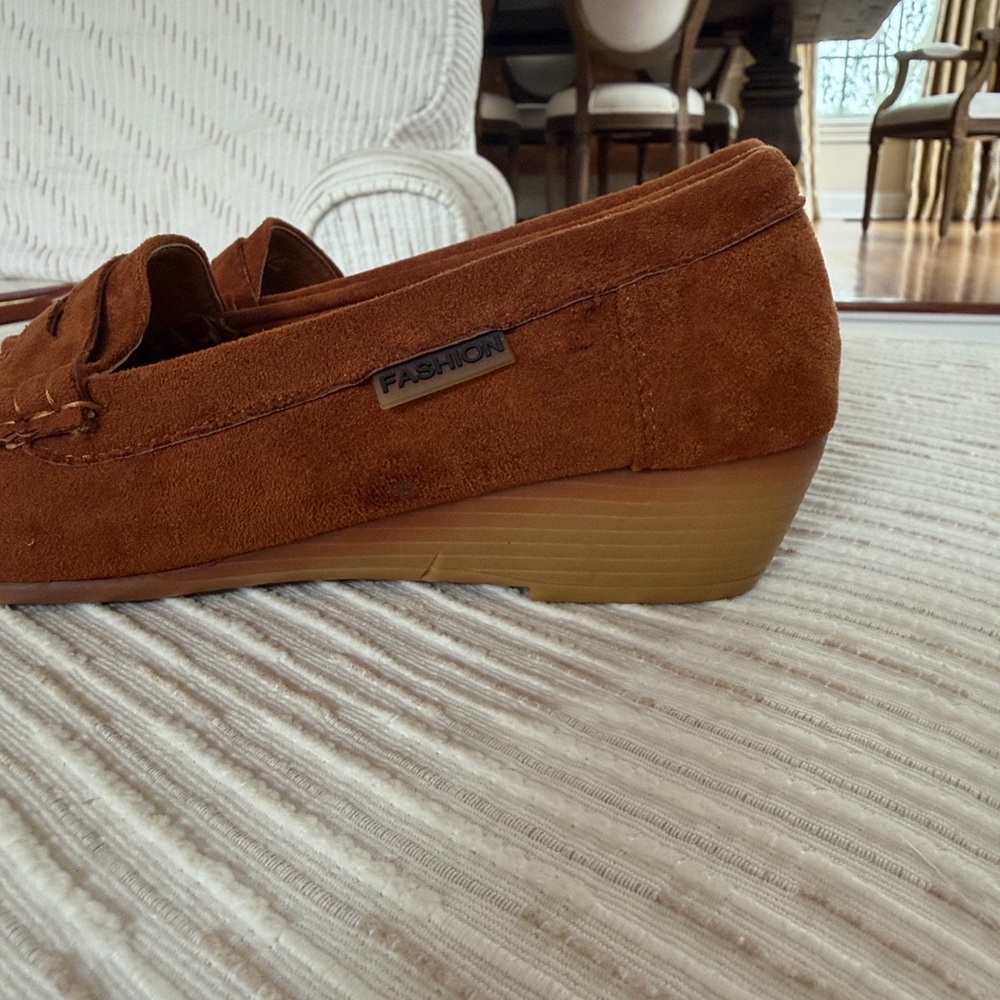 Golden Road Cognac Faux Suede Wedge Loafers | Dark Academia penny loafer 8 - Picture 9 of 14